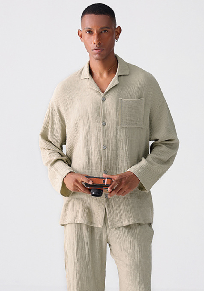 Pyjama homme en gaze de coton beige sable – Robe Gaze de Coton