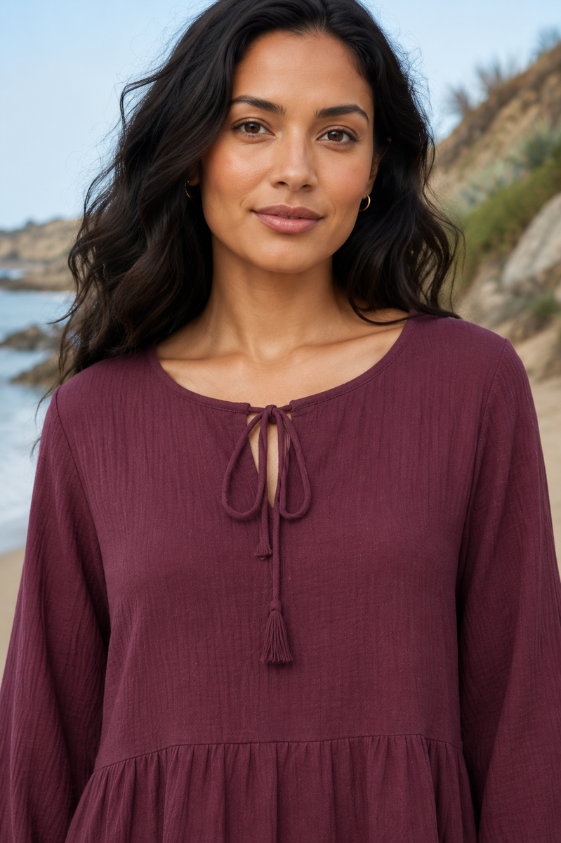 Robe gaze de coton courte bordeaux