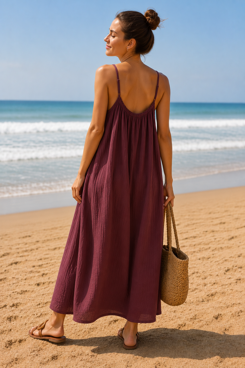 Robe gaze de coton longue rouge bordeaux