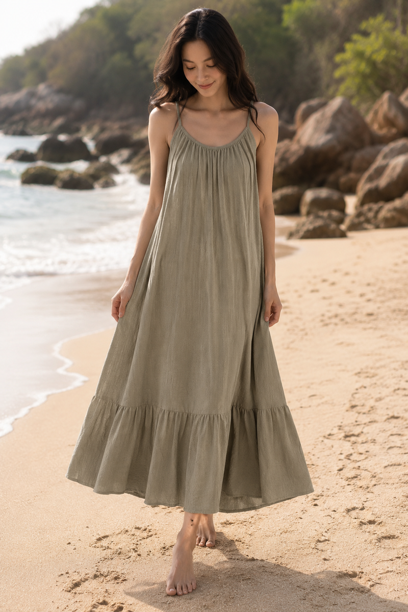 Robe longue en gaze de coton grège