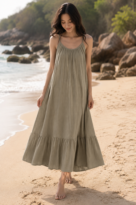 Robe longue en gaze de coton grège