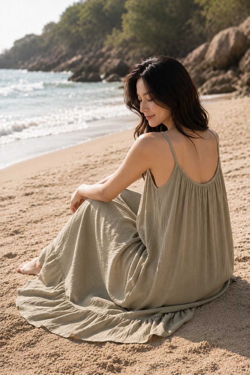 Robe longue en gaze de coton grège