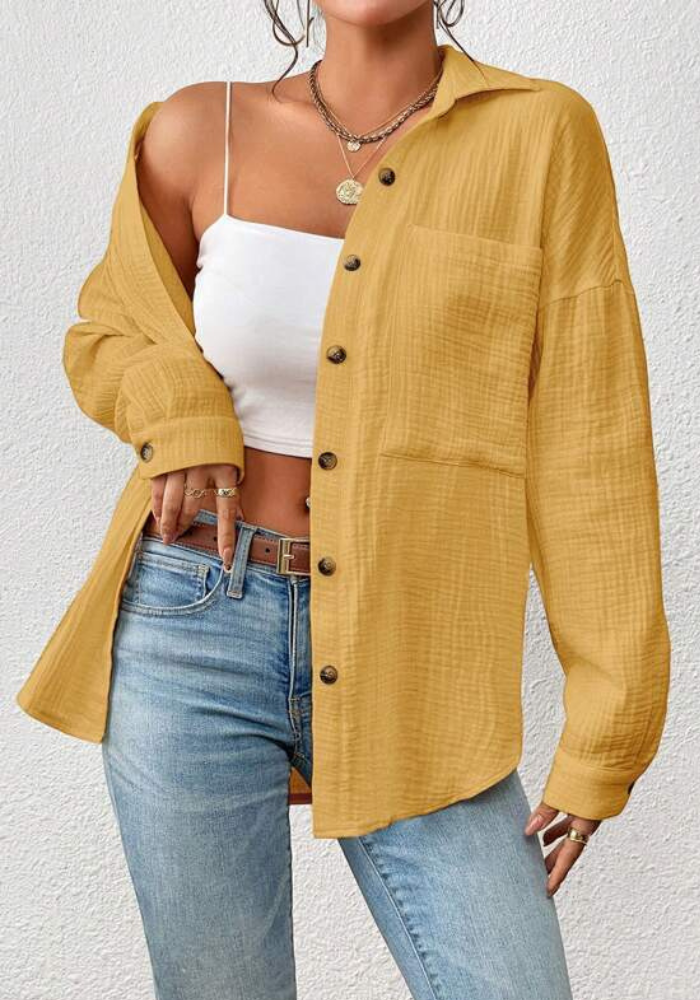 Chemise en gaze de coton jaune moutarde pour femme