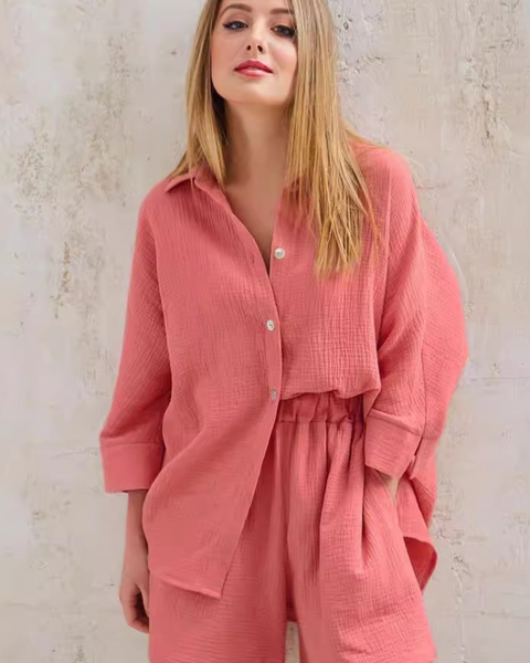Ensemble en gaze de coton corail femme