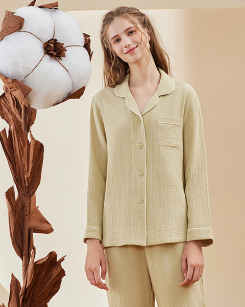 Pyjama femme en gaze de coton jaune