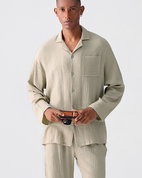 Pyjama homme en gaze de coton beige sable