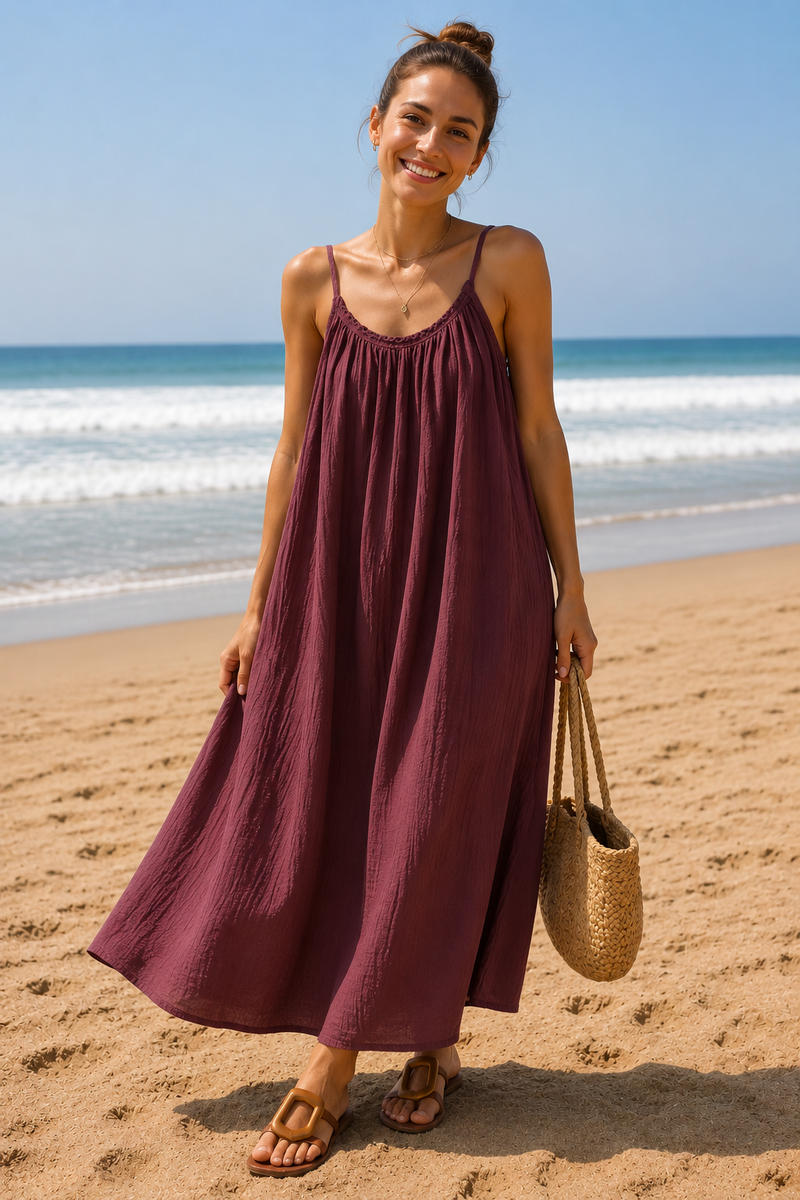 Robe gaze de coton longue rouge bordeaux