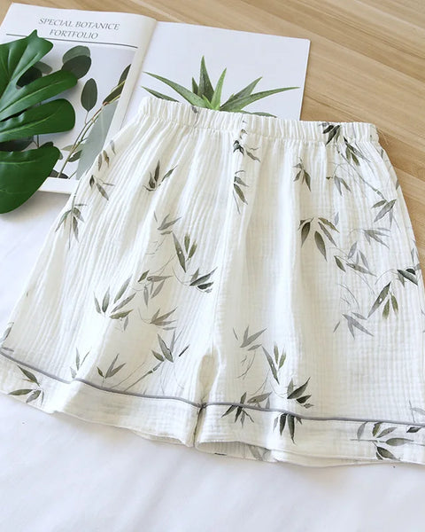 Short gaze de coton imprimé feuillage