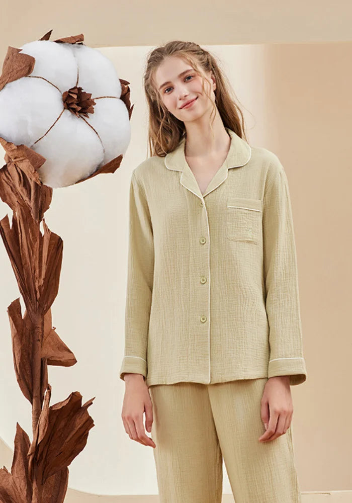 Pyjama femme en gaze de coton jaune