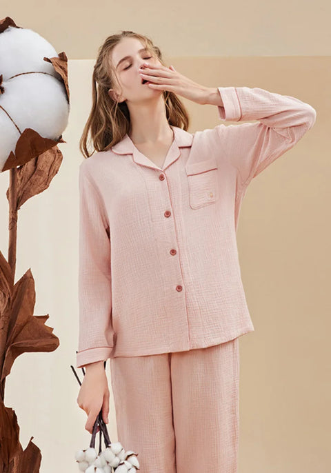 Pyjama femme en gaze de coton rose pâle