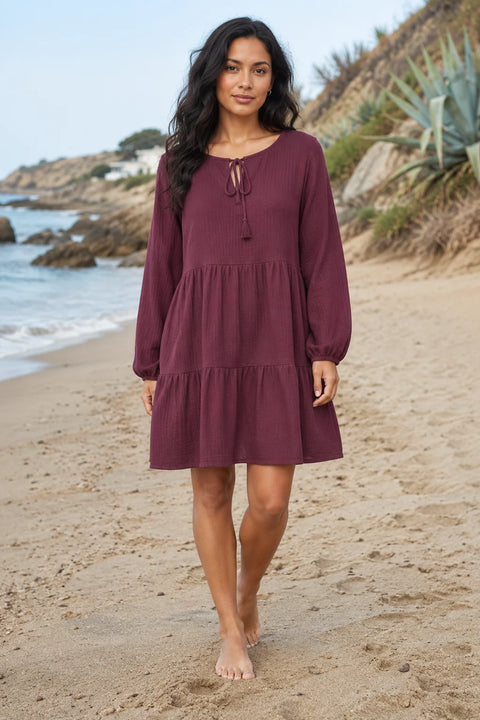 Robe gaze de coton courte bordeaux