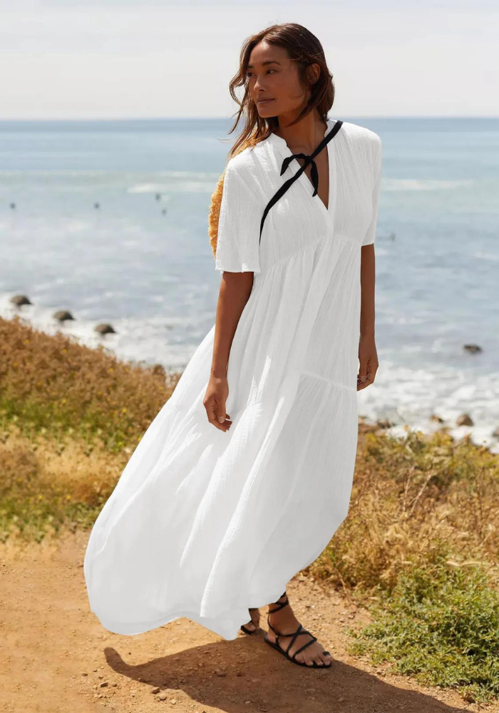 Robe longue blanche gaze de coton plage