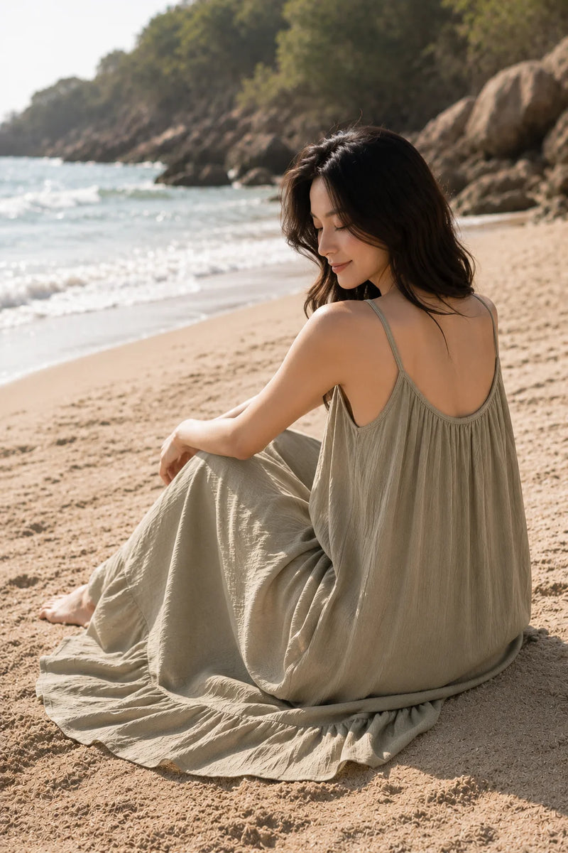 Robe longue en gaze de coton grège