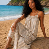 Robe longue rayée en gaze de coton écrue