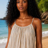 Robe longue rayée en gaze de coton écrue